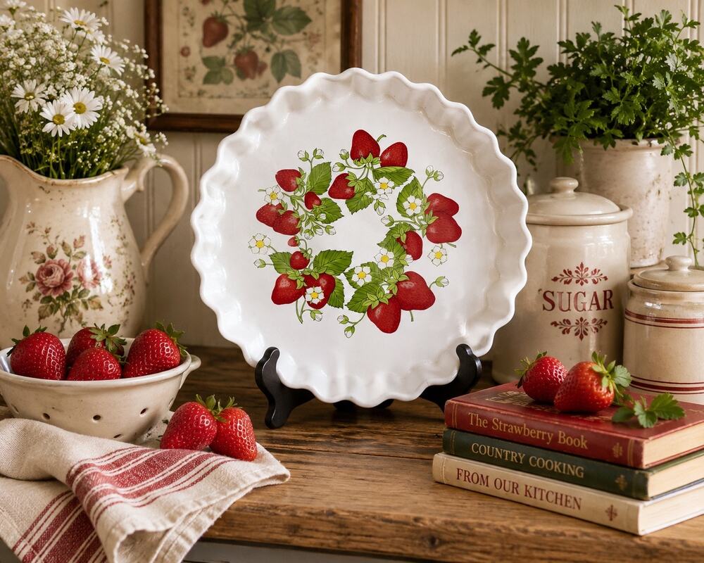 Vintage Action Japan Strawberry Stoneware Pie Plate 10” Fluted Baking Dish